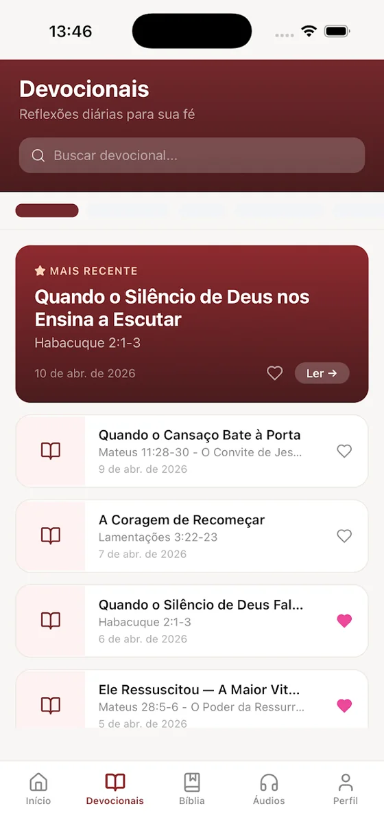 Tela do aplicativo Presente com Jesus com a lista de devocionais, cada um com título, passagem bíblica e data